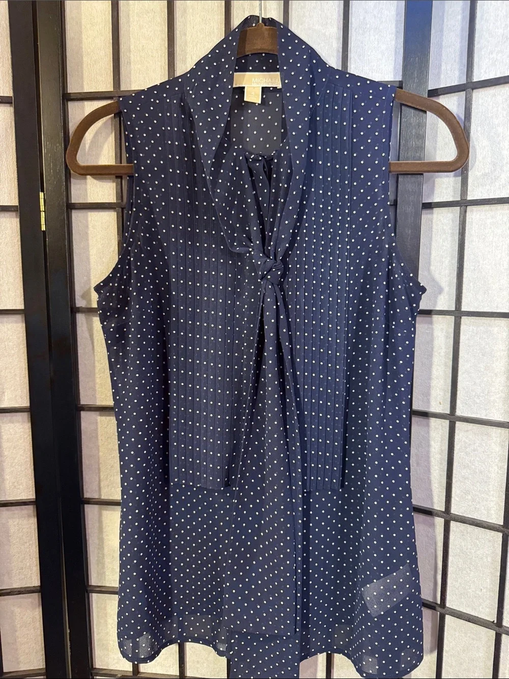 Michael Kors Navy and White Polka Dot Tie-Neck Sleeveless Camisole